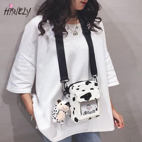 Funny personality hit color cow polka dot girl student canvas small bag Japanese cute messenger bag