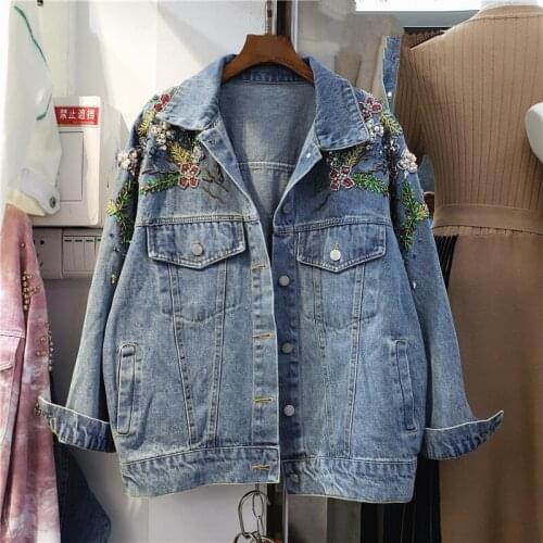 Autumn New Fashion Beading Sequins Flowers Denim Jacket Coat Women Wash Blue Student Outerwear Loose Short Jeans Jacket Female