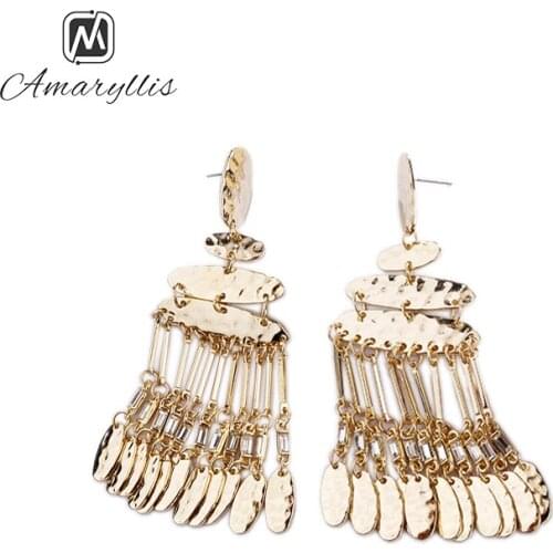 Amaiyllis Bohemia Geometric Statement Tassel Earrings For Women Chunky Metal Fringe Post Earrings Long Pendant Earrings Brincos
