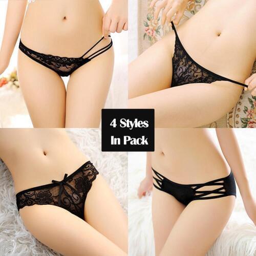 Womens 4 Different Styles Pack Panties Black Collection Sexy Low Rise Mesh Floral G-String Bikini Lingerie