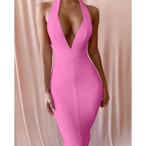 High Quality Pink Purple V-neck Backless Bodycon Rayon Bandage Dress Sexy Club Party Dress Vestidos