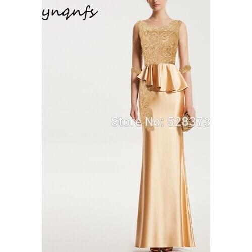 YNQNFS Inspired New Women Dresses Evening Party Sheer 1/2 Sleeve Gold Mother of Bride/Groom Lace Dresses Elegant 2019 MD286