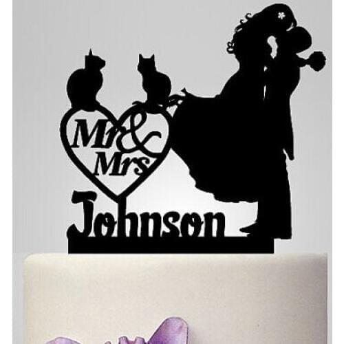 Acrylic cats Wedding Cake Topper Silhouette Couple Mr & Mrs personalize Name party decorations