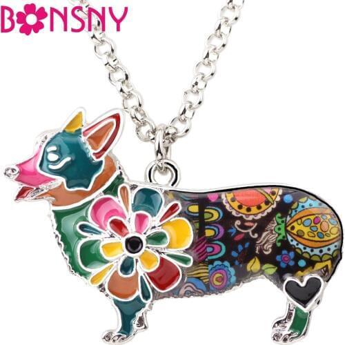 Bonsny Statement Enamel Alloy Welsh Corgi Pembroke Dog Necklace Pendant Chain Animal Jewelry For Women Girls Gift Accessories