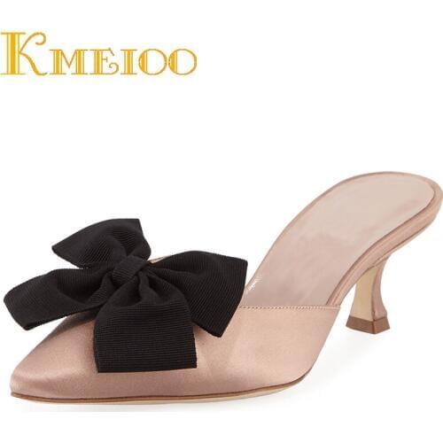 Kmeioo Mules Sandals Women Pumps Pointed Toe Kitten Heels Butterfly Loafers Slip On Casual Shoes Woman Pink Navy Med H