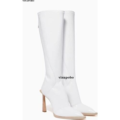 Vinapobo Cow Patent Leather Back Zipper Solid Color Women Long Boots Pointed Thin Heels Sweet Sexy Ladies Shoes Chaussures Femme