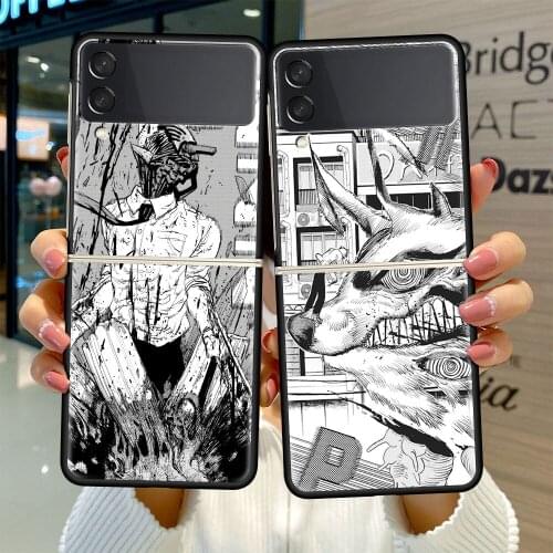 Black Hard Case For Samsung Galaxy Z Flip 3 5G Luxury PC Shockproof Phone Cover ZFlip 3 Bumper Fundas Japan Anime Chainsaw Man