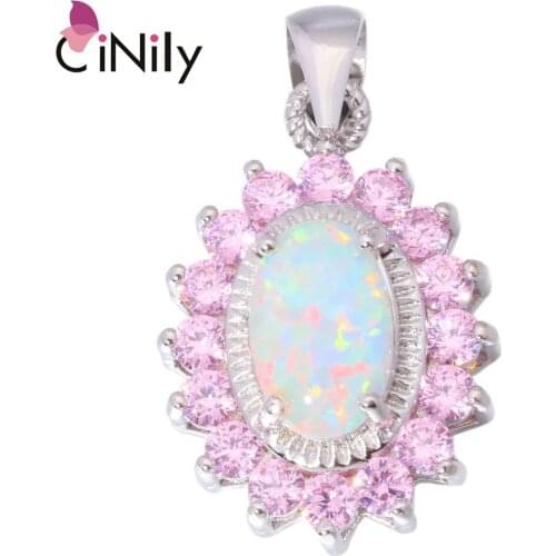 CiNily White Fire Opal Silver Plated Pink Topaz Oval Shape Necklace Pendant Charms with Good Looking for Woman Jewel