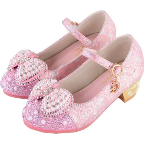 Kids Princess Leather Shoes For Girls Pearl Fashion Casual Children High Heel Sweet Butterfly Knot Girls Dance Performance Shoes