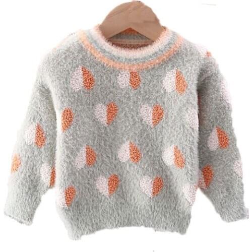 Baby Mink Fleece Sweater Particle Love Striped Round Neck Warm Long Sleeve Nylon Casual Pink Thick Childrens Sweater Clothes
