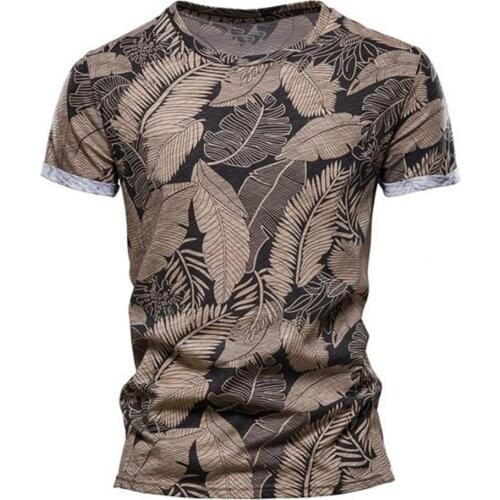 Mens T-shirt Leaf Printed Round-Neck Short-Sleeved Breathable Slim Man Summer Beach Shirt Male Tops Tee Shirts 2021 New Fashion