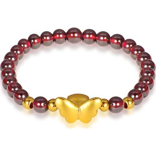 Hot sale 999 24k Yellow Gold 3D Butterfly Garnet Beads Elastic Line Bracelet