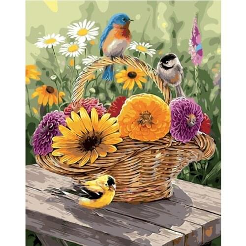 Painting By Numbers DIY Dropshipping 50x65 cm Flower basket and birds Flower Handmade For Living Room Wall Decor Oil Painting