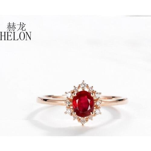 HELON Solid 18k Rose Gold Certified Round 0.5ct Natural Ruby & Diamond Engagement Wedding Ring Jewelry Genuine Gem for Wife Gift