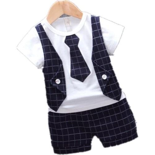 Fashion Children Baby Boy Girl Clothes Cotton O-Neck T-shirt Shorts 2Pcs/sets Summer Kids Gentleman Tie Plaid Bowknot Tracksuits