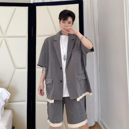 Summer suit dark black personality contrast fringed suit Korean mens loose yuppie suit hairstylist trendy mens coat