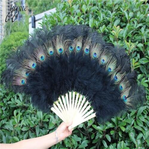 Wholesale 1pcs Black Elegant Ostrich Feather Fan Halloween Party Celebration Performance Crafts Props DIY Peacock Feather Fan