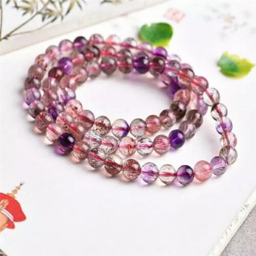 Genuine Natural Colorful Rutilated Quartz Super Seven Three Laps Women Crystal Bracelet 6mm