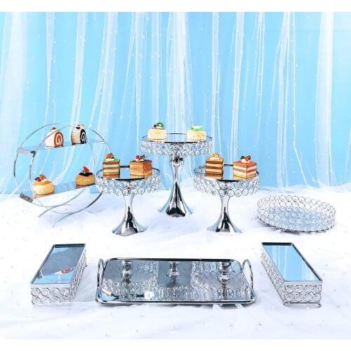 New arrived Silver crystal cake Stand set with electric plated mirror face wedding table candy bar table decoration tool
