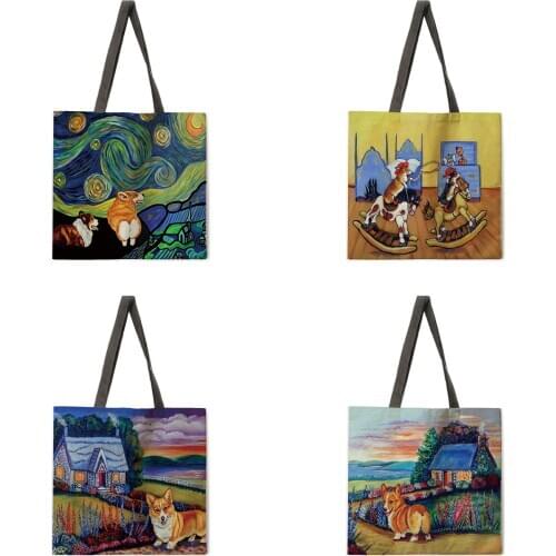 Penbrook Welsh Corgi Linen Fabric Casual Tote Bag Foldable Shopping Bag Reusable Beach Bag Ladies Shoulder Bag Tote Bag