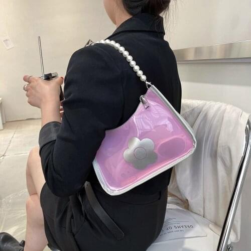 Daily Purses and Handbags for Women 2021 Trend PVC Transparent Flower Printing Shoulder Underarm Bag Pearl Chain Female Clutch
