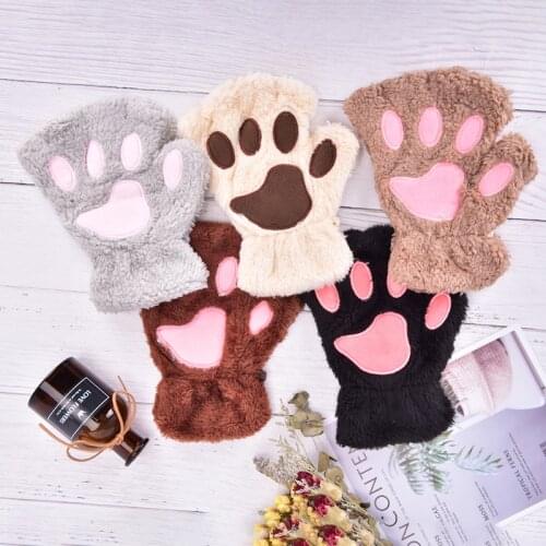 Women Cute Cat Claw Paw Plush Mittens Warm Soft Plush Short Fingerless Fluffy Bear Cat Gloves Costume Half Finger Black Beige