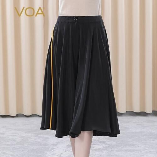VOA 30m/m Heavy Weight Silk Mid Waist One Grain Sand Wash Black Gold Contrast Trim Split KE235 Leg Skirt Pants for Women