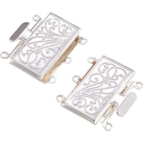 2sets Brass Multi-strand Rectangle Silver Color Jewelry Box Clasps for Links Bracelet Making 23x21x5mm,hole:1.5mm;2pcs/set
