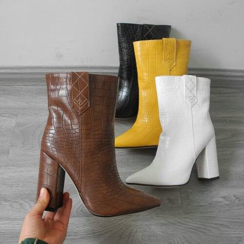 Clearance-Sale Faux Leather Ankle Boots for Women Square Block Heel Short Boots Ladies Yellow Black Brown White Boots Winter