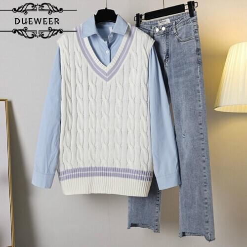 Women Sets 2 Pieces Suits Knitted Vest Straight Jeans Solid Casual Shirt Patchwork Student Preppy-style Fashion Simple All-match