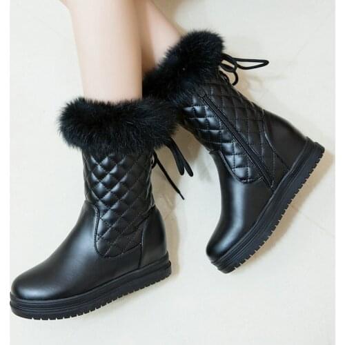 2021 Sweet Ladies Mid Calf Boots Winter Plush Lining Warm Increase Short Boots Female Fashion Cross Tied Platform Womens Shoes