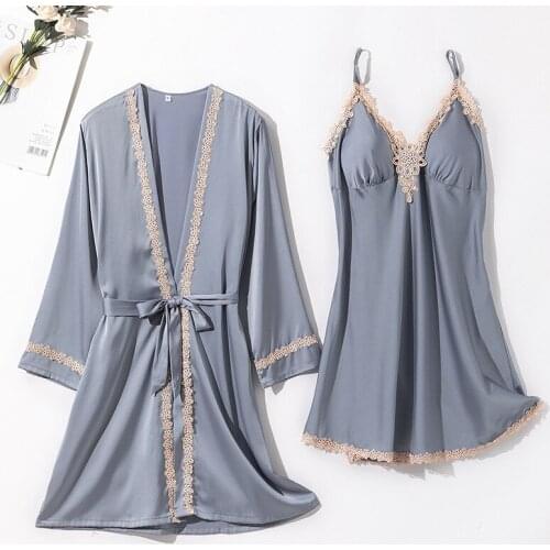 2PCS Gray Women Robe Gown Sets Lace Floral Trim Kimono Bathrobe Nightgown 2021 Spring Rayon Sleep Suit Lingerie Loose Home Dress