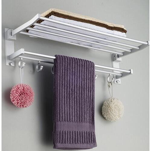 2 Layers Foldable Alumimum 5 Hooks Towel Organizer Bar Rack Holder Hanger Set for Bathroom