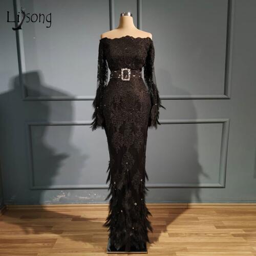 Modest 2020 Lace Mermaid Evening Dresses Full Sleeves Crystal Feather Formal Dress Off The Shoulder Long Evening Gowns