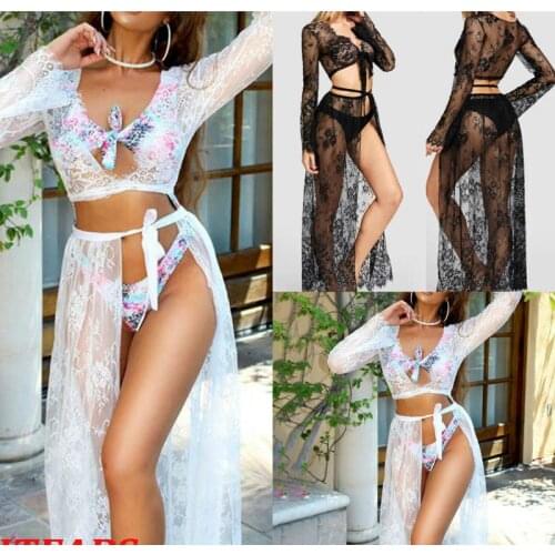 2021SexyWomens Fashion V Neck Bikini Cover Up Summer Mesh Lace Swimwear Sheer Beach Maxi Wrap Sarong Pareo Solid Color Cover Up