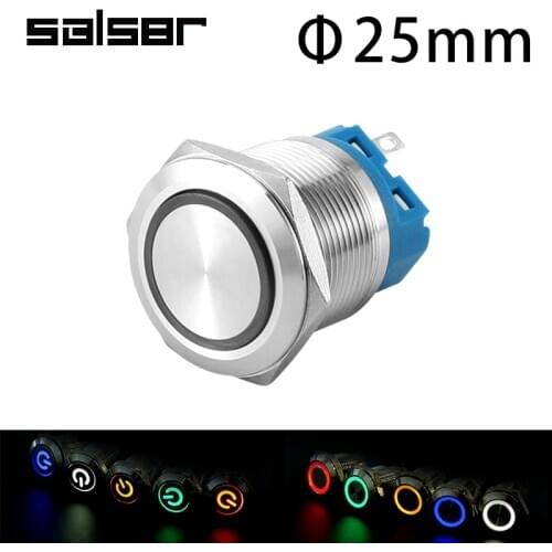 25mm Metal Push Button Switch DIY Reset Self Locking Ring Power Supply With Lamp Flat Circular Waterproof Stainless Steel