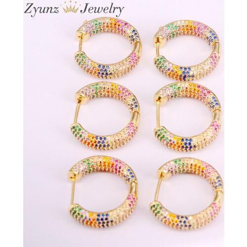 4Pairs, Fashion Multi Circle shaped Gold Color Hoop Earrings Rainbow Crystal Zirconia Micro Pave CZ Colorful CZ For Women Girls