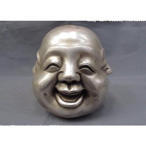 Free Shipping 11cm Chinese Folk White Copper Silver Four Faces Emotions Maitreya Lohan Monk Statue