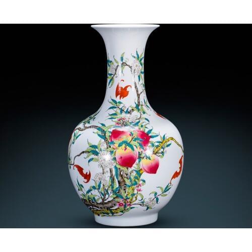 Jingdezhen Imitation Qianlong Nine Peach Celestial Bottle Ceramic Vase Antique Chinese Living Room Decoration Collection Vase