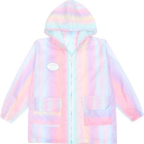 2021 Children Outwear Childrens Clothing Thin Sunscreen Jackets Korean Girl Hooded Rainbow Color Coat Loose Jacket Kids Clothes