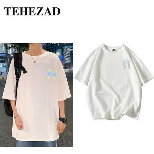 Teenage Couples Wear T-Shirt Mens Short-Sleeved Feather Reflective Printing Oversize Loose Casual T-Shirt Womens Short-Sleeved
