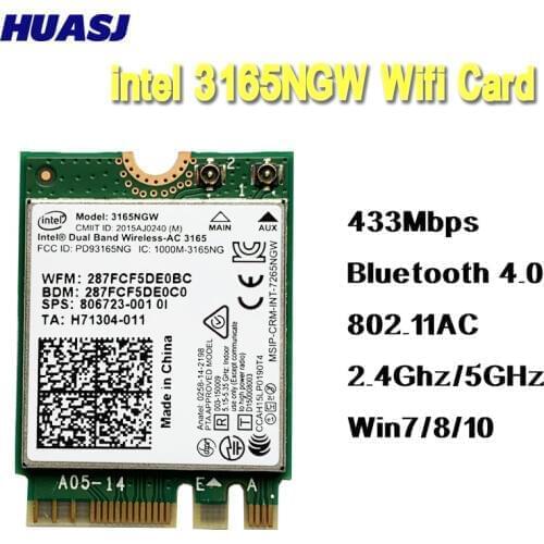 Huasj Dual Band 2.4G/5Ghz 433Mbps Intel 3165AC NGFF 802.11ac WiFi 3165NGW M.2 WLAN Card + Bluetooth 4.0 Network Mini Adapter