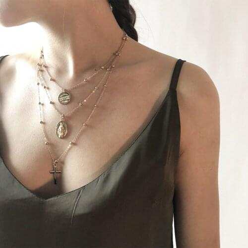 Vintage Alloy Round Pendant Three Layers Cross Pendant Necklace Set Women Jewelry Gift New #263892