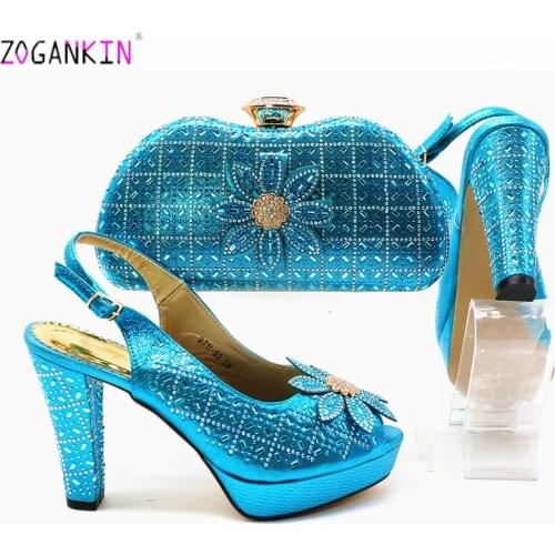 High Quality Sky Blue Color Nigerian Shoes with Matching Bag Set Decorated with Rhinestones African Shoes and Bag Set