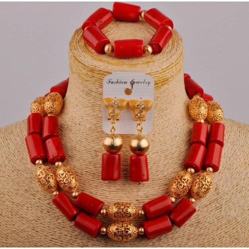 Costume Necklace Red Coral Jewelry Set Nigerian Wedding African Beads Jewelry Sets Coral Bridal Set