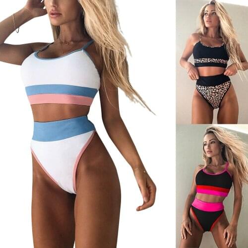High Waist Swimsuit for Women Stripe Leopard Print Bikini Sets Padded Bra Tank Top Swimwear Female Bathing Suit Summer Beachwear