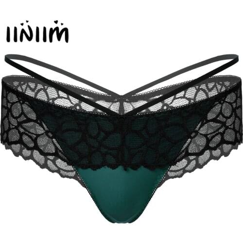 Mens Lingerie Sissy Underwear Low Rise Floral Lace Skirted T-back Thongs Underpants Elastic Waistband G-string Briefs Panties