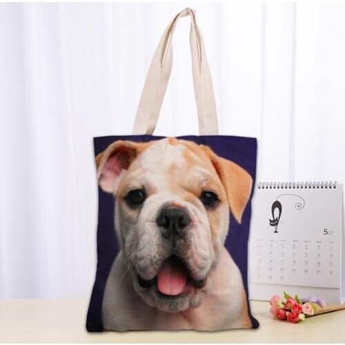 Custom Bulldog Dog Tote Bag Women Canvas Fabric Bags Eco Reusable Shopping Bags Traveling Beach Casual Useful Shoulder Bag 1208