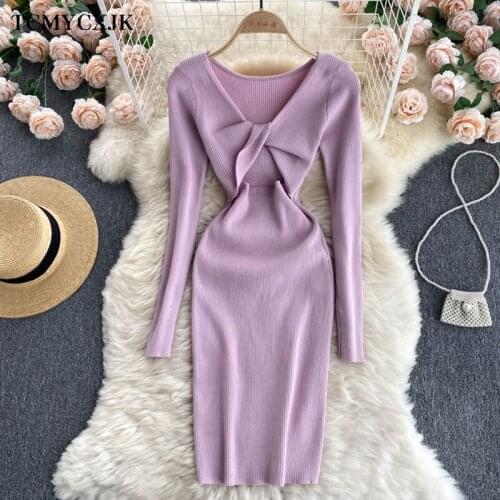 Autumn Dresses For Women 2021 Hollow Knot Showing Chest Elasticity Slim Showing Waist Hips Sexy Knitted Casual Womens Dresses