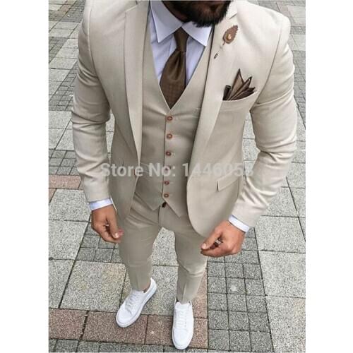 Latest Coat Pant Designs Beige Casual Men Suit Beach Slim Fit Groom Tuxedo 3 Piece Custom Made Wedding Suits Prom Blazer Set